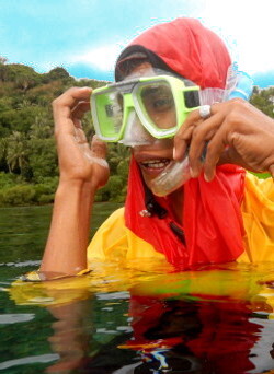 snorkelling in anorak with hood